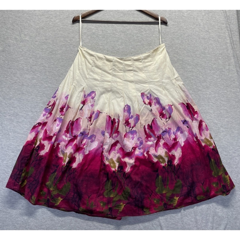 Jones Wear Flare Skirt Women's 12 White Maroon Floral Pleated Cotton Side Zip